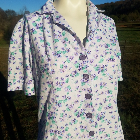 VTG Cute Purple Floral Cotton Shift Dress Button S - Picture 7 of 10